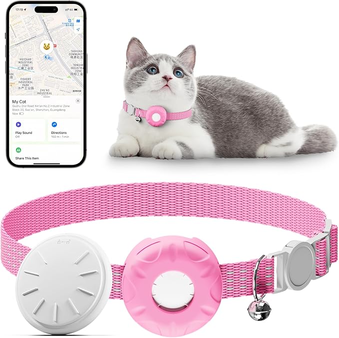 Cat GPS Tracker, Pet Tracker for Cats, Cat GPS Tracker Collar with Safety Elastic Buckle, Works with Any Collar,Compatible with Apple Find My App (Only iOS), Waterproof, No Monthly Fee, Pink