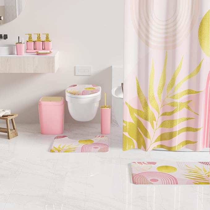 Bathroom Set - Bathroom Sets with Shower Curtain and Rugs, Bathroom Accessory Set, Pink Bathroom Accessories Set with Trash Can, Toilet Brush and Soap Dispensers