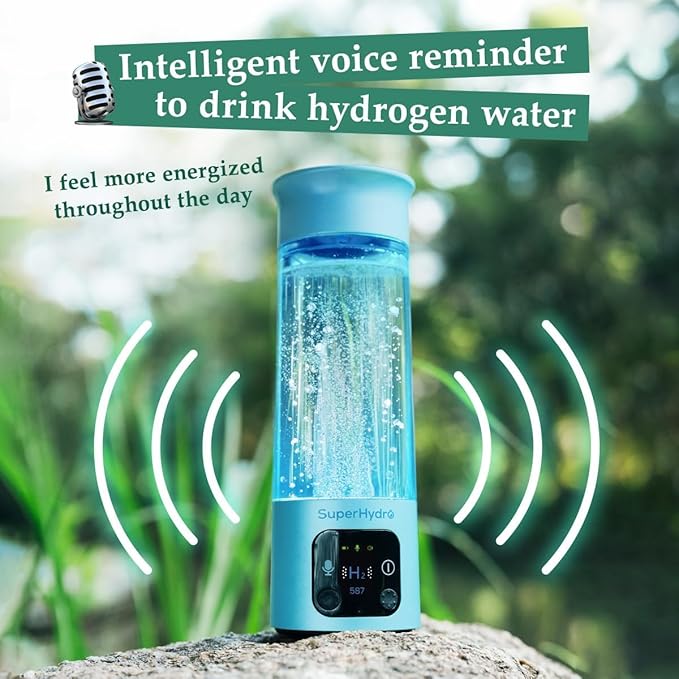 Hydrogen Water Bottle Generator - Up to 6000+ PPB Concentration - SPE/PEM Technology - Voice Reminder - Water Ionizer Machine Suitable for Travel, Daily and Office Drinking - 12oz (Blue)