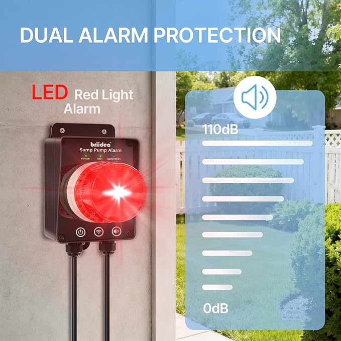 Smart WiFi Sump Pump Alarm, Briidea Indoor/Outdoor High Water Level Alarm, Supports APP Remote Monitoring, Equipped with 110dB Buzzer and LED Indicator, Ideal for Basements and Septic Sump Pump