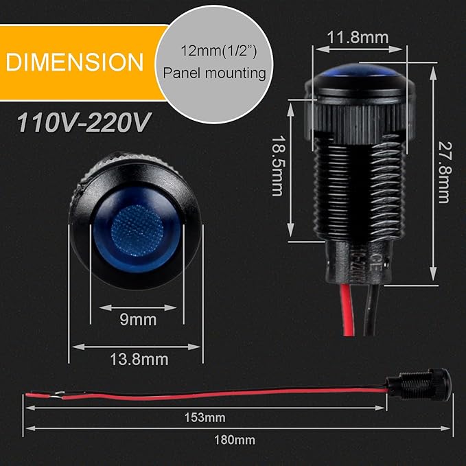 5pcs 12mm LED Indicator Light Plastic Black Signal Dot Lamp 110-220V AC 1/2 inches Mounting Hole Size with 15cm/5.9in. Wire (Blue LED)