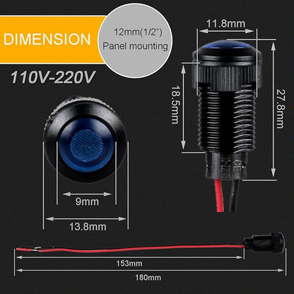 5pcs 12mm LED Indicator Light Plastic Black Signal Dot Lamp 110-220V AC 1/2 inches Mounting Hole Size with 15cm/5.9in. Wire (Blue LED)
