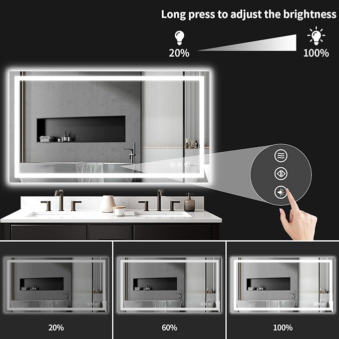 48"x32" LED Bathroom Mirror with Lights, Dimmable，Anti-Fog，Bathroom Vanity Mirror for Wall, Backlit + Front Lit, Memory Function, Shatter-Proof，Tempered Glass