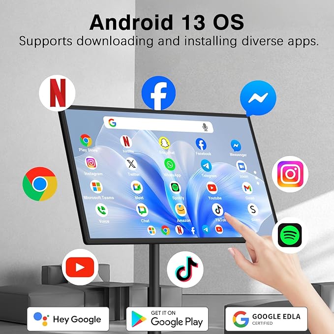 Portable Smart Screen On Wheels, 4K Touchscreen Display, Build-in 4K Camera, Rolling TV Android 13 OS, Built-in Battery (5-8H), Remote Control, 8+128GB Storage (Black/32 inches Ultra)