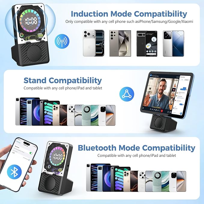 Wireless Induction Speaker, 5 in 1 Bluetooth Speaker with Cell Phone Stand, Phone Holder with Rechargeable Colorful Light and Alarm Clock for iPhone/Android/iPad, for Men Women（Black）