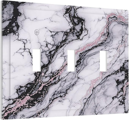 Decorative Switch Plates White Marble Pattern Black Lines Pink Lines 3 Gang Wall Plate Triple Toggle Light Switch Cover Faceplate Electrical Wall Panels for living Room Office Decor