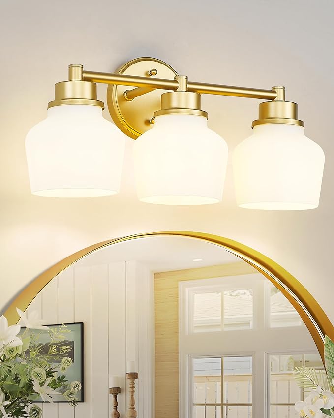 Emak Gold Vanity Light with Milk Glass Shade, Modern Bathroom Light Fixtures Over Mirror, 3-Light Bathroom Vanity Lights for Mirror, Bath, VL122-GD-ML-3