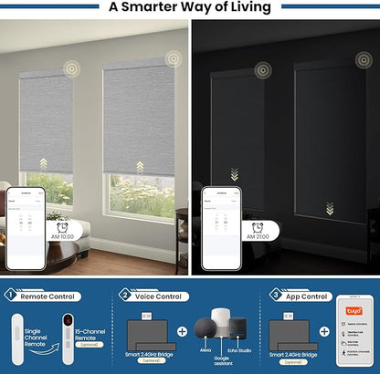 No Drill Motorized Blinds with Remote, Blackout Automatic Blinds with Solar Panel, Cordless Smart Electric Roller Shades for Windows, Grey, 24 x 72