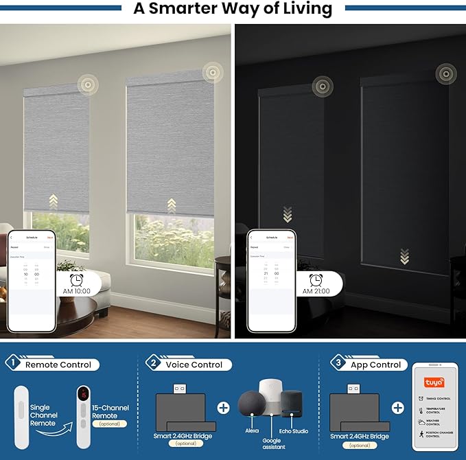 No Drill Motorized Blinds with Remote, Blackout Automatic Blinds with Solar Panel, Cordless Smart Electric Roller Shades for Windows, Grey, 23½ x 72