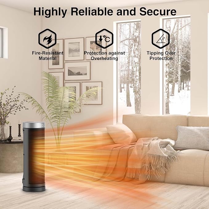 Ceramic Space Heater, Portable Indoor Heater with Remote Control, Three Heating Modes, Overheat and Tip-Over Protection, Suitable for Home, Bedroom, and Office Indoor Use