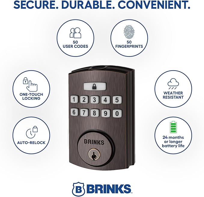 BRINKS Security Door Locks, High-Security Keyless Entry, Smart Electronic Door Lock with Deadbolt, Up to 50 Codes, Automatic Locking (Deadbolt & Passage Lever, Tuscan Bronze)