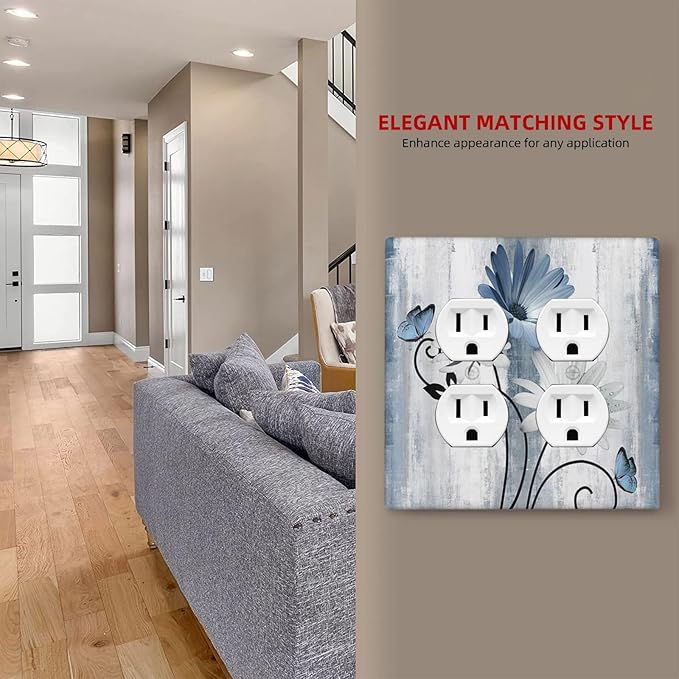 Decorative Outlet Covers Rustic Blue White Daisy Ink Flower 2 Gang Light Switch Cover Plate Double Duplex Wall Plates for Electrical Outlets Switch Plate Covers for Bedroom Home Decor
