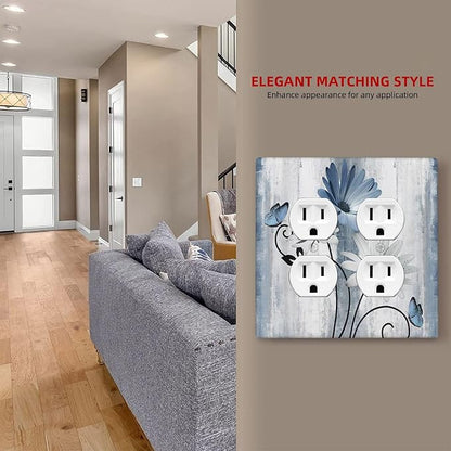 Decorative Outlet Covers Rustic Blue White Daisy Ink Flower 2 Gang Light Switch Cover Plate Double Duplex Wall Plates for Electrical Outlets Switch Plate Covers for Bedroom Home Decor