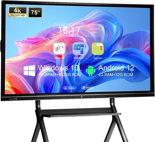75'' Smart Board, 4K Electronic Digital Whiteboard with Dual System, 16+512 GB Interactive Whiteboard,Touchscreen Smart Board for Classroom, Office and Home (Wall Mount Included)