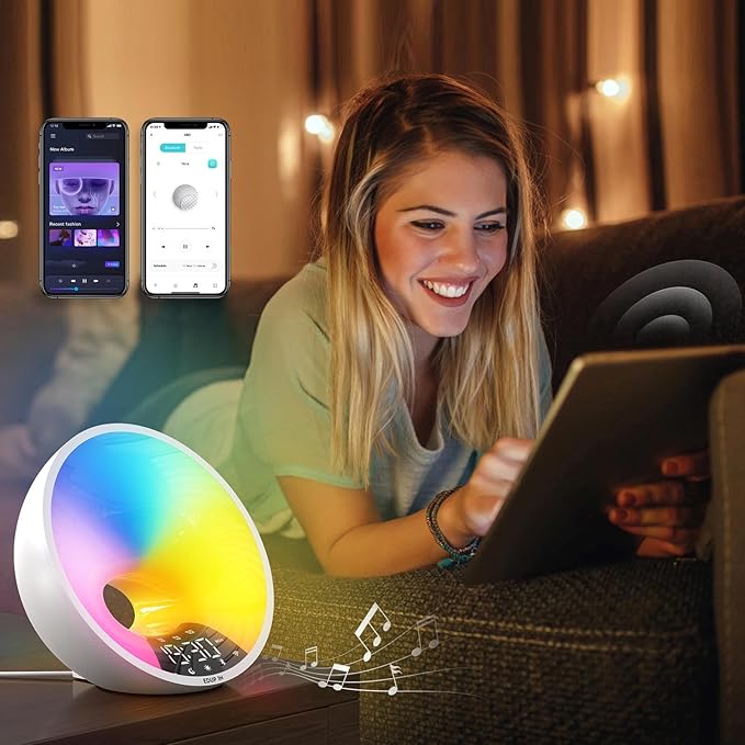 Fafeicy Sunrise Alarm Clock, Wake Up Light with Sunset Simulation 7 Color Changing Night Light Ambient Speaker Phone Charging Dock for Bedroom Dorm Sleep Aid (US Plug 100-240V)