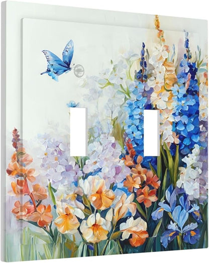 Decorative Light Switch Plate Covers Rustic Colorful Floral Garden Flowers 2 Gang Light Switch Cover Plate Unique Double Toggle Wall Plate Outlet Covers Faceplate for Bedroom Home Decor