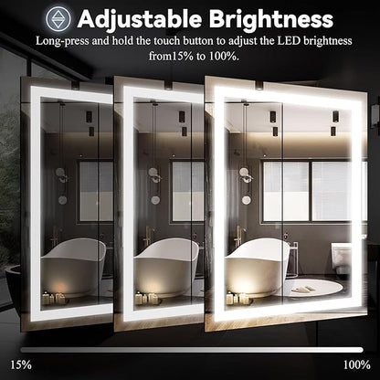 VooBang LED Bathroom Mirror 26 x 38 inches - 3 Adjustable Lighting Modes Lighted Smart Bathroom Vanity Mirror, Anti-Fog, Memory Function, Tempered Glass, Wall Mounted Horizontally Vertically