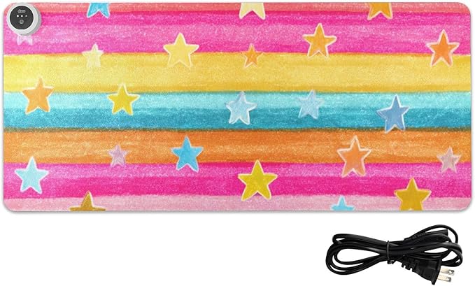 Heated Desk Pad Mouse Pad 31.5x13 Inch PU Leather Desk Mat with 3 Heat Levels Large Mouse Gaming Computer Laptop Mat Bright Rainbow Striped Stars