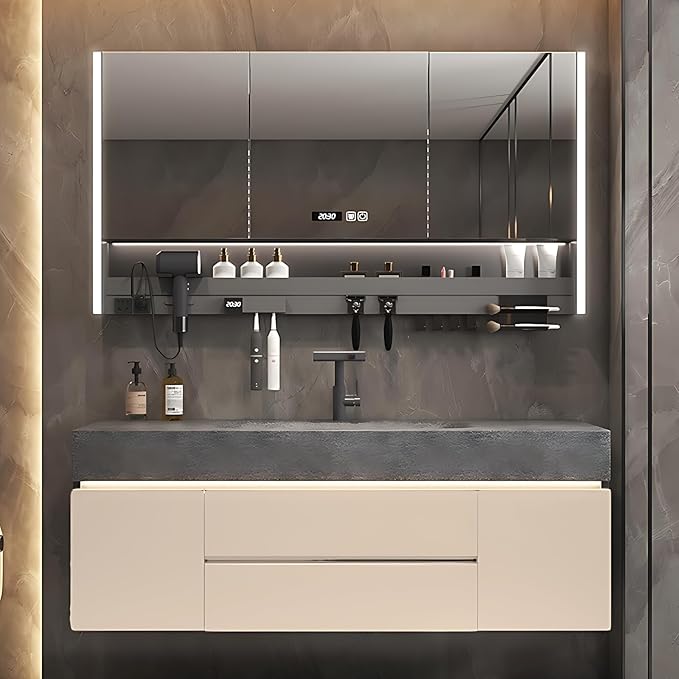 Modern Bathroom Vanity – Cabinet Set with LED Smart Defogging Mirror & Time Display | Bathroom Vanity with Sink, Large Space Storage with Easy Installation, 2 Drawers (Cream, 40IN)