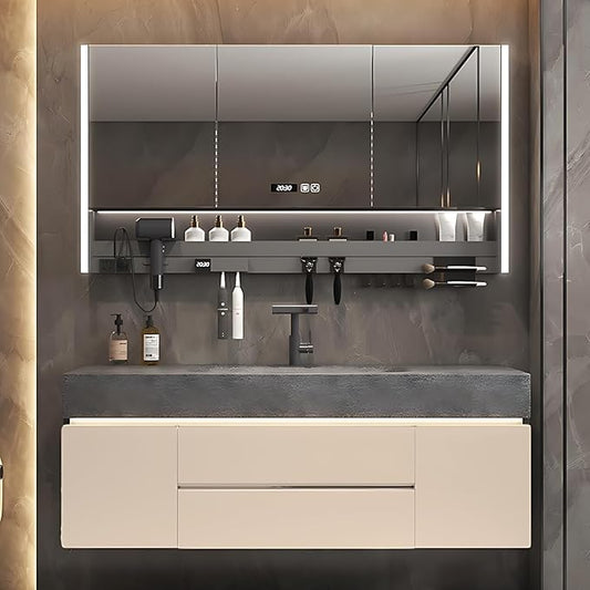 56IN Modern Bathroom Vanity – Cabinet Set with LED Smart Defogging Mirror & Time Display | Bathroom Vanity with Sink, Large Space Storage with Easy Installation, 2 Drawers, Cream