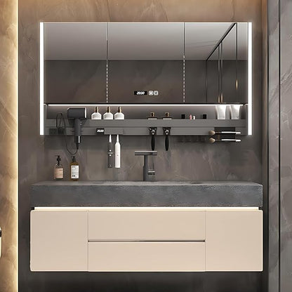 Modern Bathroom Vanity – Cabinet Set with LED Smart Defogging Mirror & Time Display | Bathroom Vanity with Sink, Large Space Storage with Easy Installation, 2 Drawers (Cream, 48IN)