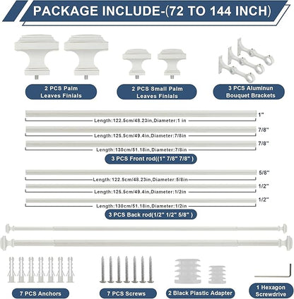 Double Wood Curtain Rods for Windows 72 to 144 Inches,1 Inch Decorative Wooden Curtain Rod with Square Imitation Wood Grain Finials and Double Aluminum Bouquet Bracket, Antique White