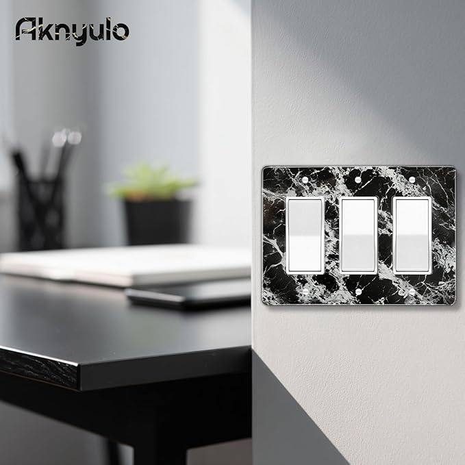 Black White Marble Pattern Acrylic Shiny Silver Wall Plate Triple Toggle Outlet Covers Decorative Switch Cover