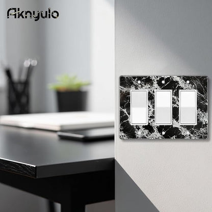 Black White Marble Pattern Acrylic Shiny Silver Wall Plate Triple Toggle Outlet Covers Decorative Switch Cover