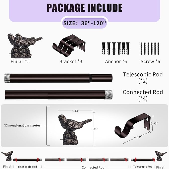 Curtain Rods 36"-120" Vintage Oil Bronze Curtain Rods for Windows Adjustable Drapery Rod with Bird Finials Heavy Duty Brown Curtains Rod for Living Room Bedroom