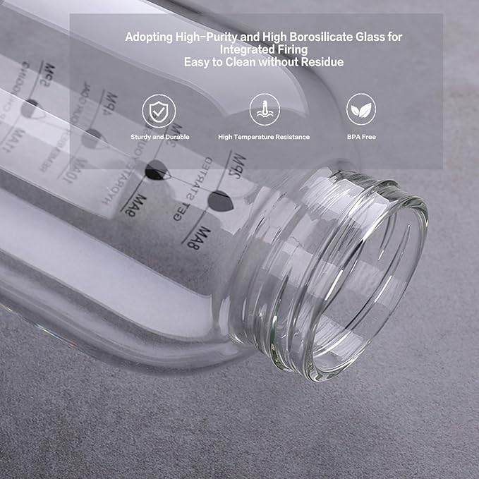 2 Liter Large Glass Water Bottle with Motivational Daily Water Intake Marks,Drinking Bottle,64 oz Resuable Wide Mouth Glass Bottles with Handle Sleeve, BPA Free for Gym/Office (Slivery Lid)