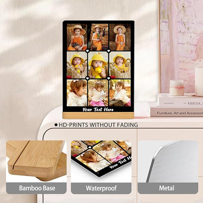 Custom Photo Prints - Metal Desktop Picture Frame with Photos Collage & Wooden Base Personalized Gifts for Family Friends Lovers and Pets, Optional Multiple Sizes