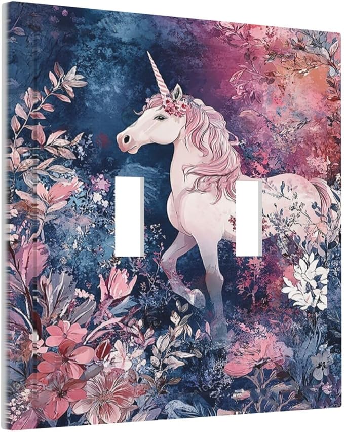 Decorative Switch Plate Covers Fantastic Pink Unicorn Wildflower Forest 2 Gang Double Toggle Light Switch Cover Plate Electrical Wall Plate Outlet Cover for Bedroom Kids room Decor