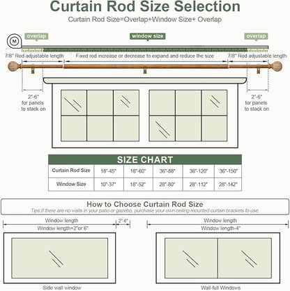 Imitation Wood Grain Ball Curtain Rods for Windows 48 to 84 Inch,1 Inch Heavy Duty Adjustable Wood Curtain Rod,Decorative Drapery Rods Set with Brackets,Size:36''-88''