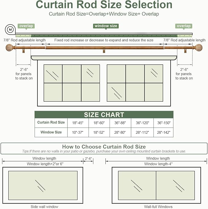 Imitation Wood Grain Ball Curtain Rods for Windows 48 to 84 Inch,1 Inch Heavy Duty Adjustable Wood Curtain Rod,Boho Drapery Rods Set with Brackets,Size:36''-88''