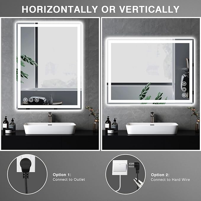 Bathroom Mirror, 28"x 36" Vanity Mirror with Lights, LED Mirrors with Anti-Fog, Stepless 3 Colors Temperature & Dimmable, Memory Tempered Glass Bathroom Mirrors for Over Sink