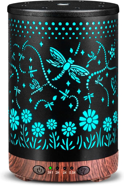 Essential Oil Diffuser 120ML Metal Aromatherapy Diffuser, Cool Mist Humidifier with Auto Shut-Off Protection 7 Color Lights for Home Office Spa (Dragonfly)