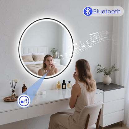STARLEAD 32" LED-Bathroom-Mirror-with-Lights, Wall-Mounted with Bluetooth, Anti-Fog, 3 Color Temperature Dimmable Brightness, Waterproof, Tempered Glass, Frontlit & Backlit, Black Frameless Round