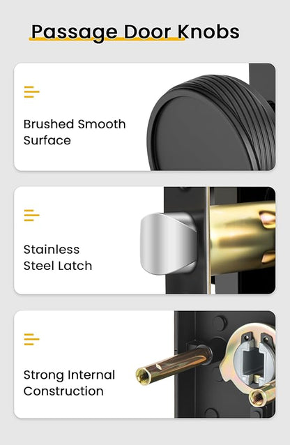 goldenwarm Passage Door Knob Black, Zinc-Alloy Modern Matte Black Door Knob Closet Door Knobs Interior for Hallways, Heavy Duty Square Modern Doorknob - 1 Pack