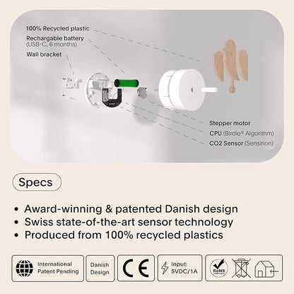 Birdie 2.0 - Design Indoor CO2 Monitor - Air Quality Meter for Home & Office - Promotes Mental & Physical Health - Modern Interior Decor - Reducing Health Risks with Clean Air (Wood, FullBirdie)