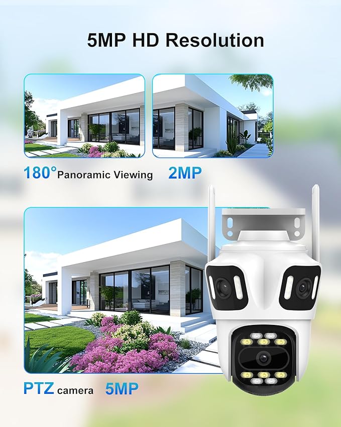 Three Lens WiFi Outdoor Security Camera, 9MP Wireless Home Security Cam, 360° Pan/Tilt, Human Detection, AI Auto Tracking, No Blind Spot, Color Night Vision, Two-Way Audio, Spotlight, IP66