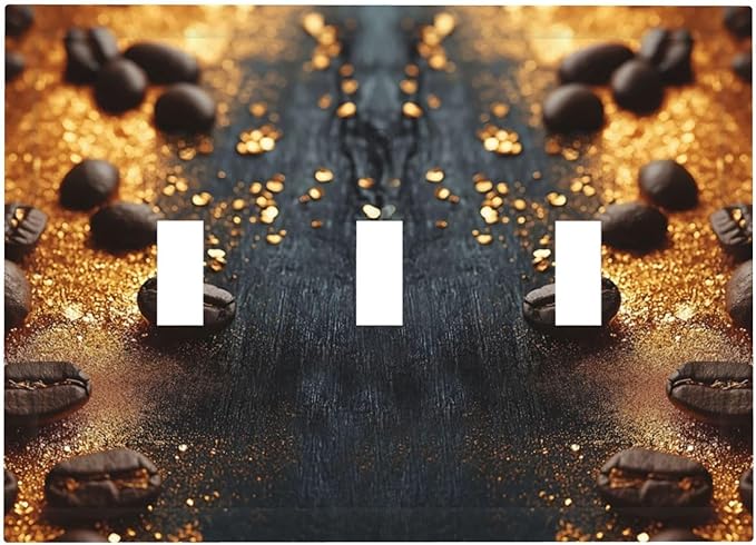 Decorative Light Switch Cover Plate Black Wood Board Gold Dust Coffee Beans 3 Gang Wall Plate Oversized Triple Toggle Switch Cover Plate Jumbo Face Plate for Home Decor