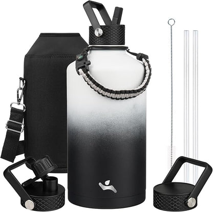 Gallon Insulated Water Bottle with Straw,128 oz 3 Lids Water Jug with Carrying Bag,Paracord Handle, Double Wall Vacuum Stainless Steel Metal Flask,Day Night