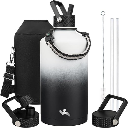Gallon Insulated Water Bottle with Straw,128 oz 3 Lids Water Jug with Carrying Bag,Paracord Handle, Double Wall Vacuum Stainless Steel Metal Flask,Day Night