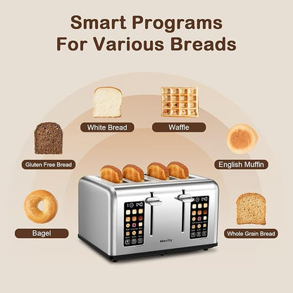 Mecity 4 Slice Toaster with Touch Screen Control, 4 Wide Slots, Stainless Steel Smart Bread Toaster for Bagels, Muffins, Waffles, Dual Control Panel, Timer, Defrost, Reheat, 120V 1650W