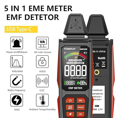 EMF Detector, TEMIRUP 5 in 1 Handheld EMF Meter Radiation Detector, Detects EF, RF, MF, WiFi Signal,Temperature, Humidity, Rechargeable EMF Reader with Large Color LCD for Home, Office, Ghost Hunting