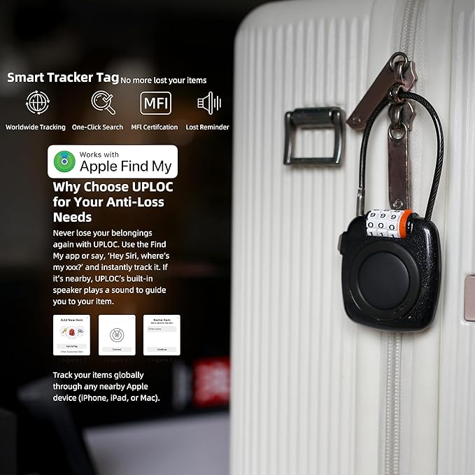 [Apple MFi Certified] iOS Tracker Tag & Holder with Combination Lock, Compatible with Apple Find My, AirTag Holder Case, GPS Tracker Luggage Lock for Travel Essentials, Suitcase, Backpack, Kids, Bag