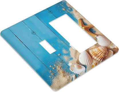 Outlet Covers Blue Wood Grain Beach Shell Starfish 1 Toggle 1 Rocker Combination Decorative Wall Plate Electrical Switch Plates Light Switch Cover Plate for Bathroom Farmhouse Decor