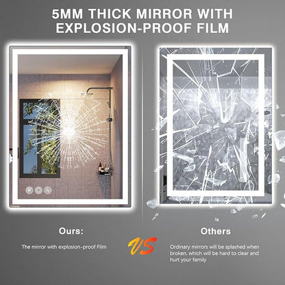 LED Mirror for Bathroom 20"x 28" with Frontlit and Backlit, Anti-Fog Mirror with Lights, Stepless 3 Colors Temperature & Dimmable Bathroom Mirror, Memory Tempered Glass Mirror for Bathroom