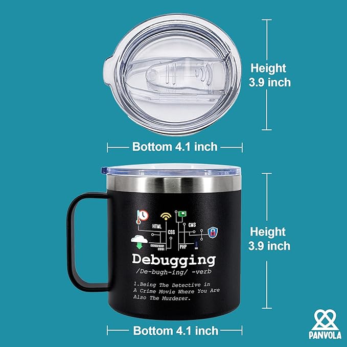 Panvola Debugging Definition Computer Programmer Student Teacher Geek Coder Tech Support Programming IT Insulated Coffee Mug with Handle and Lid Camping Travel Thermal Mugs 14 oz Black