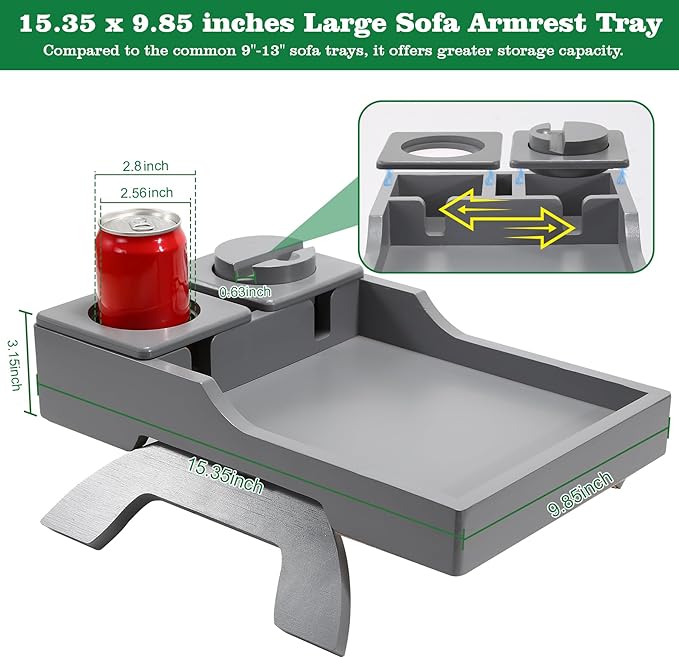 Couch Cup Holder, 4-in-1 Side Couch Arm Tray with Phone Holder, Sofa Clip on Side Table for Wide Couches Arm, Suitable for Home Drinks/Remote/Snacks-Grey